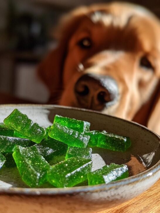 A bowl of bright green Green Bean Bone Broth Low-Fat Gummies for Dogs with a curious Golden Retriever looking on.