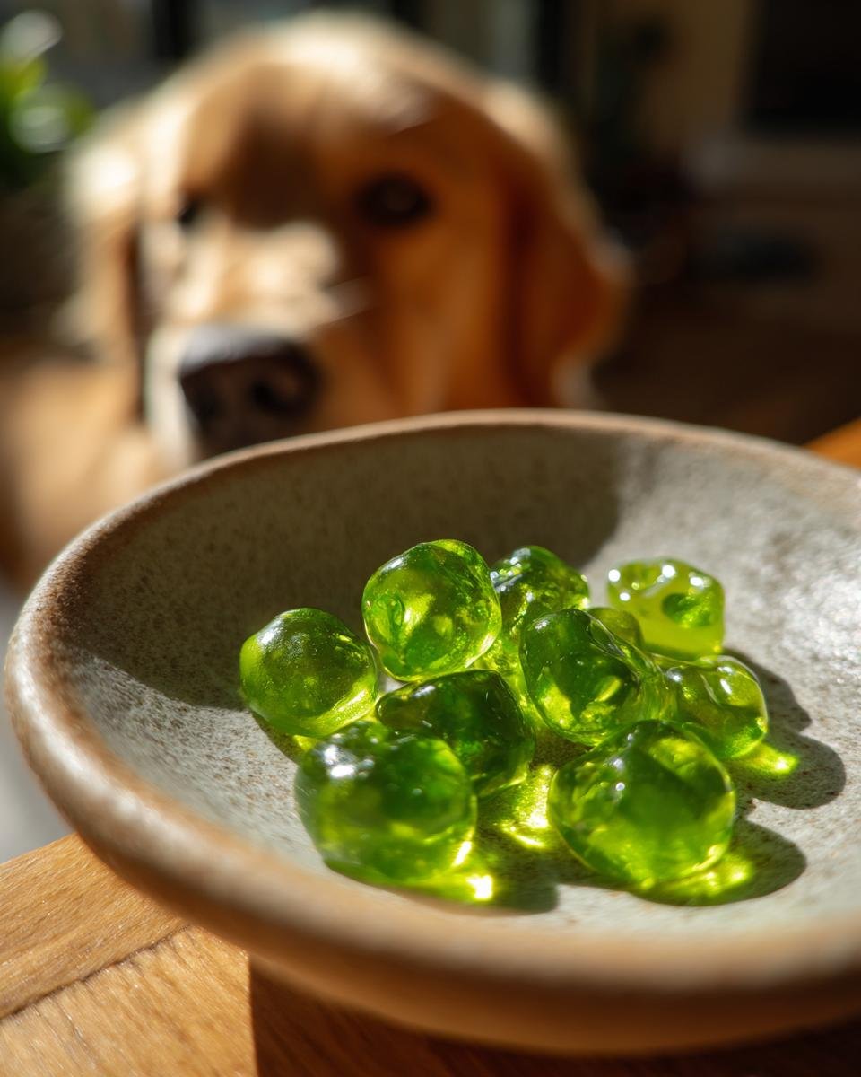 Bright green, translucent Green Bean Bone Broth Low-Fat Gummies in a small bowl with a Golden Retriever looking on.