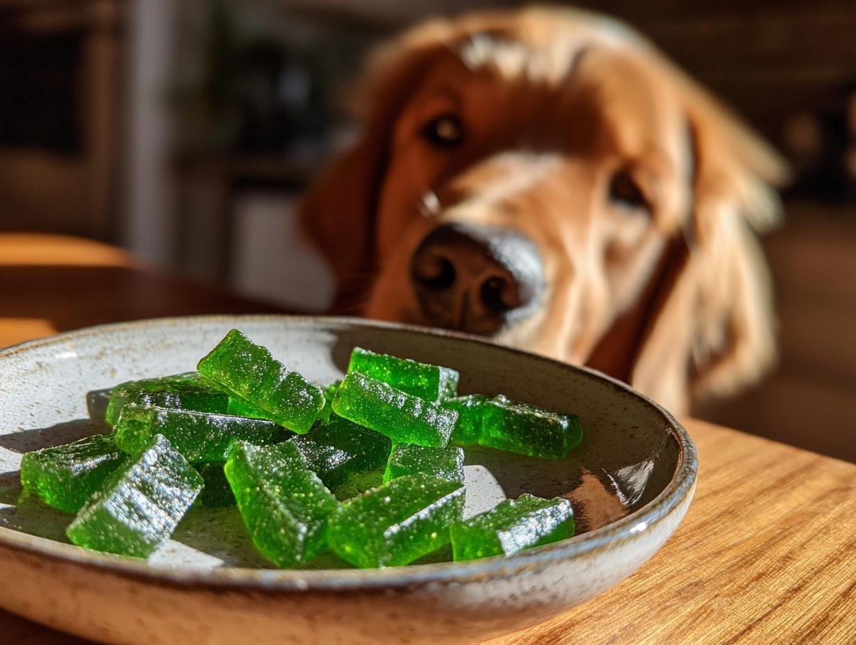 A bowl of bright green Green Bean Bone Broth Low-Fat Gummies for Dogs with a curious Golden Retriever looking on.