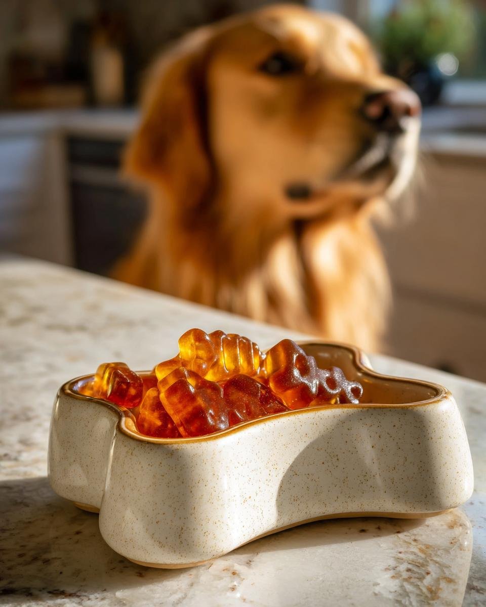 Amber-colored Gut Health Bone Broth Probiotic Gummies for dogs in a speckled bowl, with a golden retriever looking on in the background.