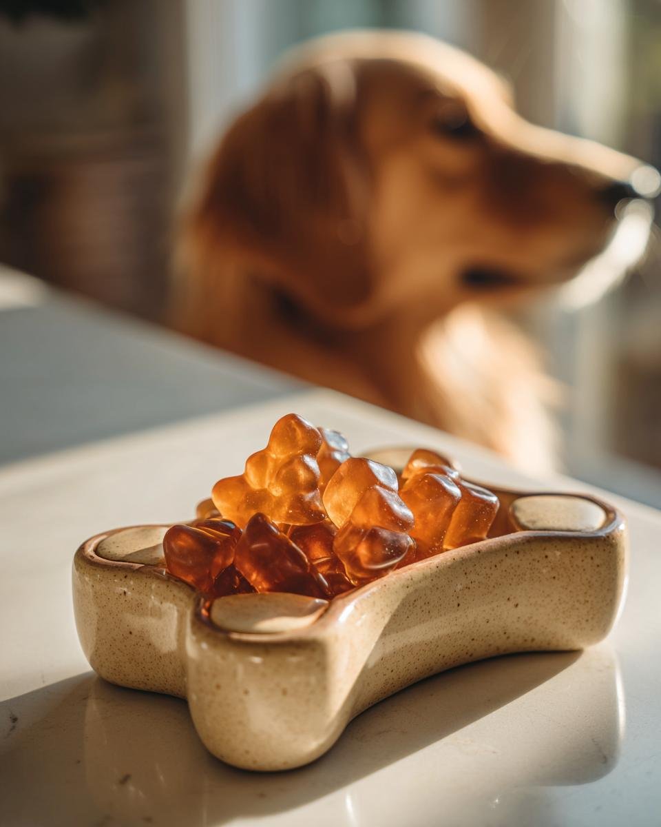 Amber-colored bone broth probiotic gummies for dogs in a bone-shaped dish, with a Golden Retriever in the background.