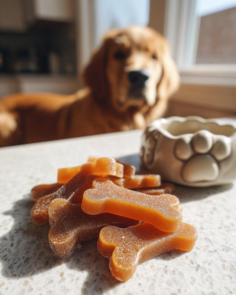 Pile of bone-shaped Happy Belly Bone Broth Gummy Bones for Dogs with a golden retriever waiting in the background.