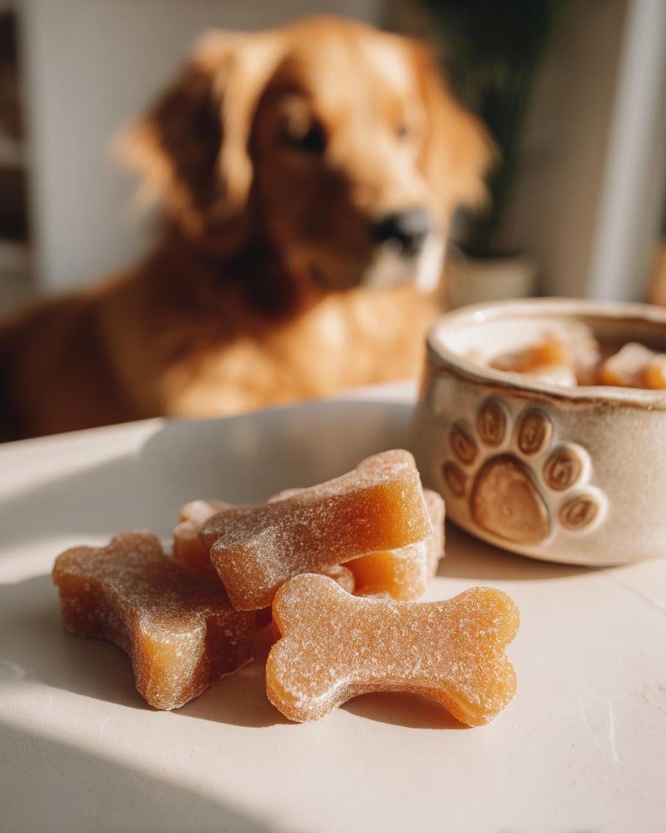 Close-up of bone-shaped Happy Belly Bone Broth Gummy Bones for Dogs, with a Golden Retriever waiting in the background.