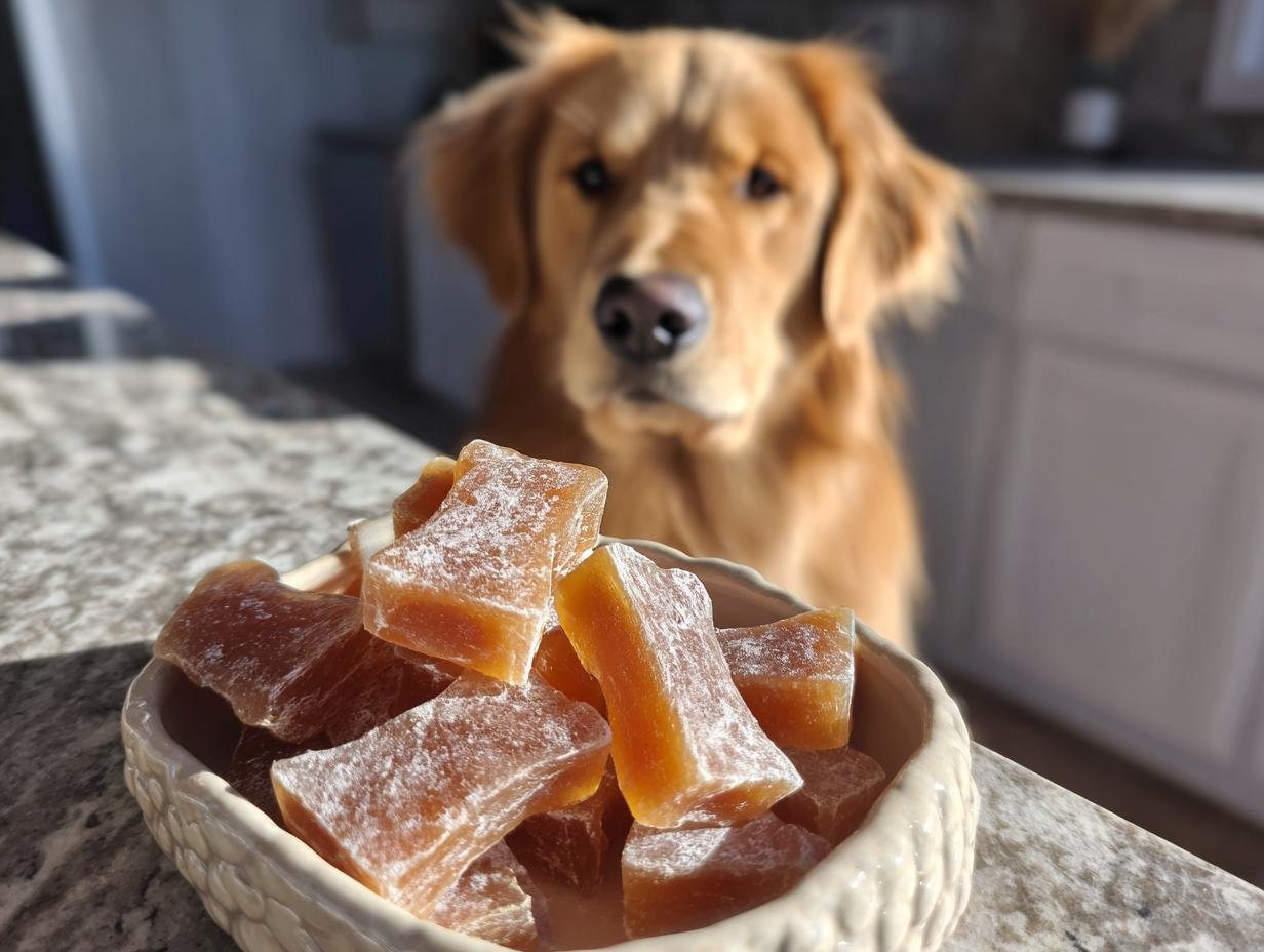 A bowl of homemade Happy Belly Bone Broth Gummy Bones for dogs, with a Golden Retriever looking eagerly in the background.