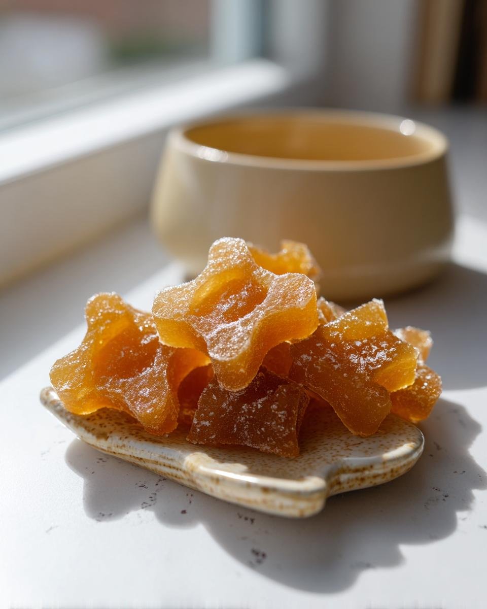 Close-up of star-shaped, amber-colored Happy Belly Bone Broth Gummy Bones for Dogs dusted with sugar.