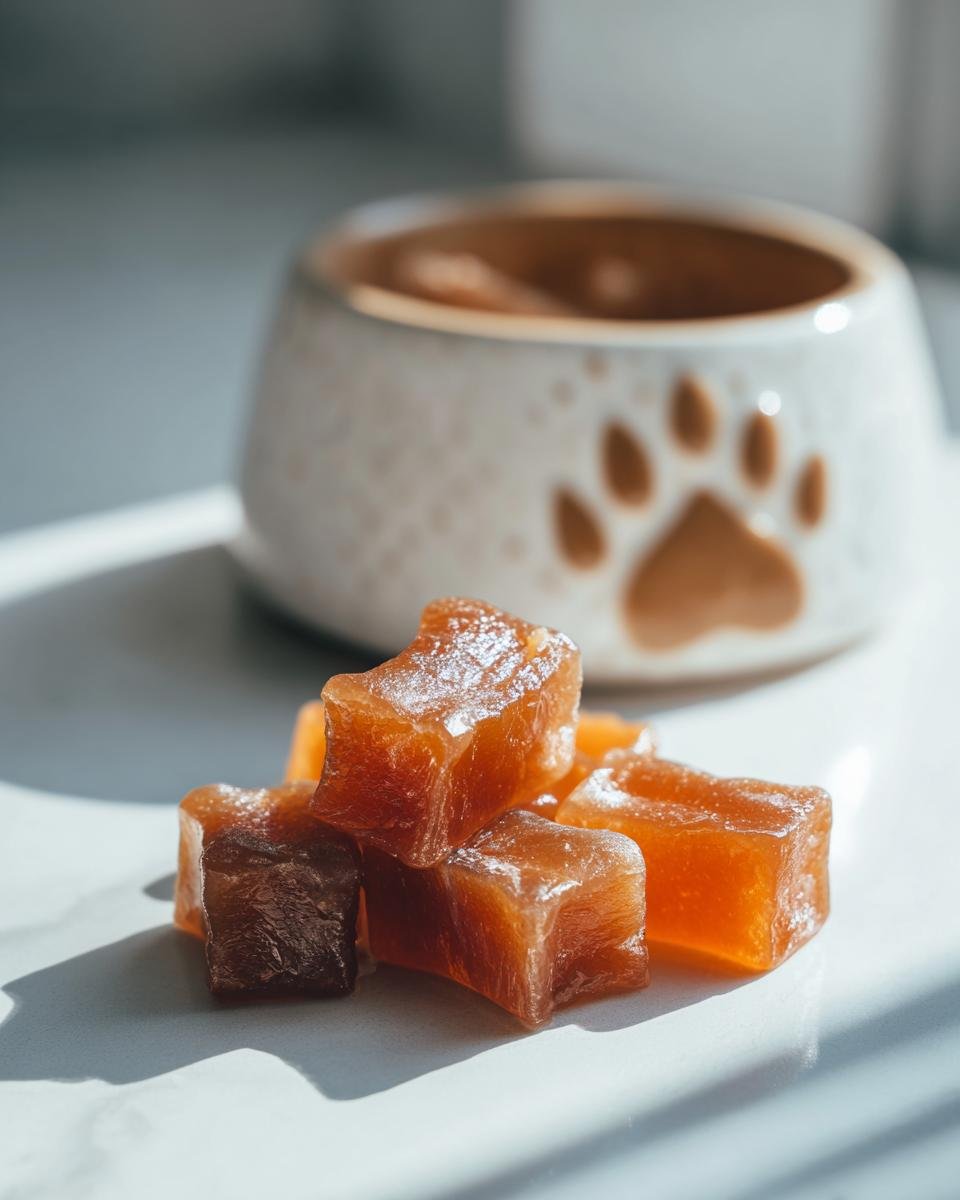 Close-up of amber-colored Happy Belly Bone Broth Gummy Bones for Dogs treats next to a ceramic pet bowl.