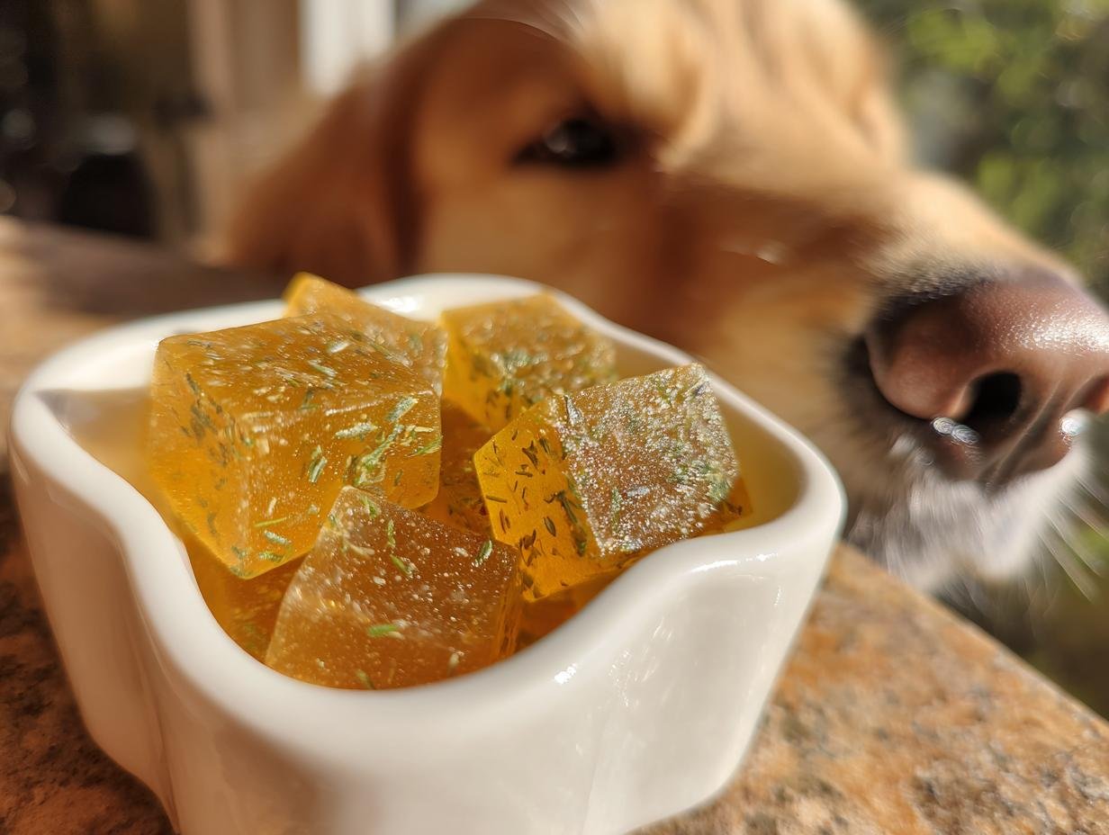Close-up of Herbal Wellness Bone Broth Gummies for Dogs in a white dish with a curious dog sniffing them.