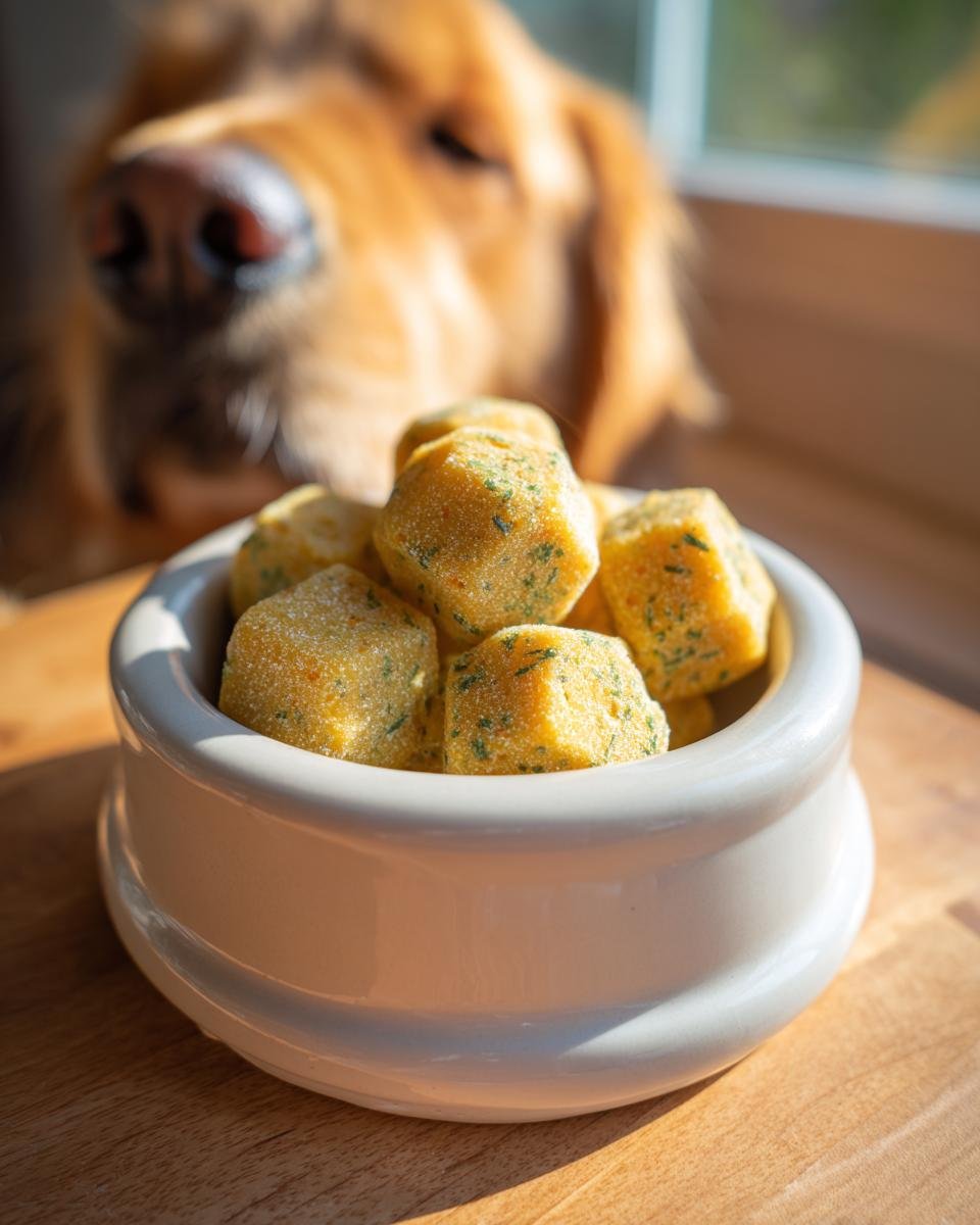 A white bowl filled with yellow Herbal Wellness Bone Broth Gummies for dogs, with a golden retriever looking on.