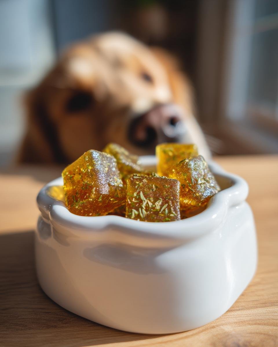 Close-up of Herbal Wellness Bone Broth Gummies for Dogs in a white bowl, with a dog looking on in the background.