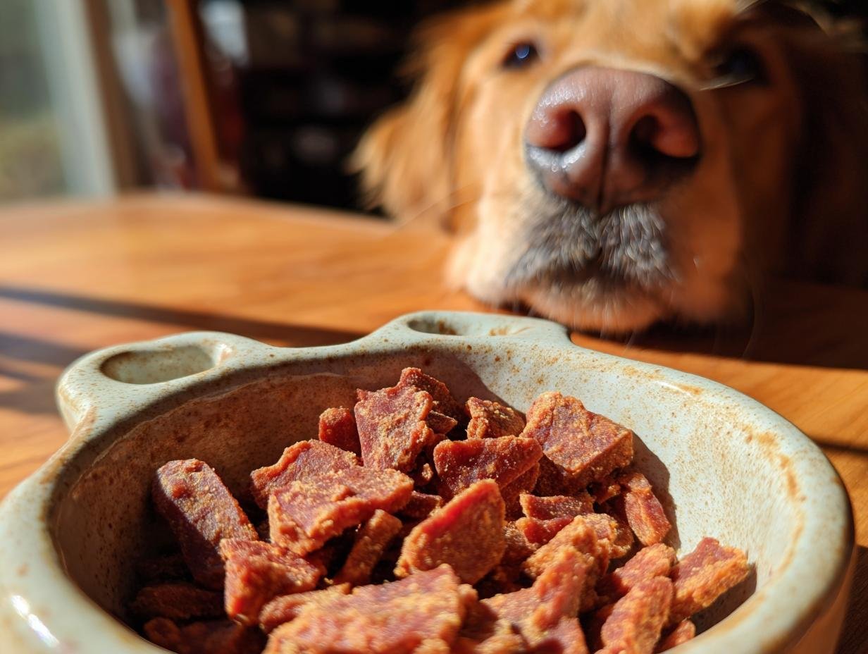 A bowl of Homemade Air Dried Beef and Sweet Potato Kibble Bites with a curious Golden Retriever looking over the rim.