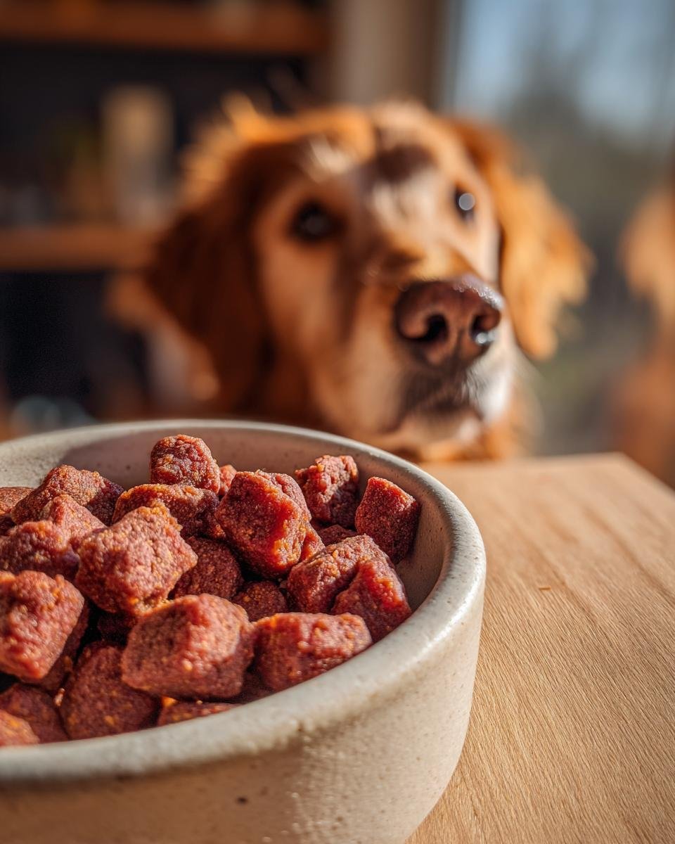 A bowl filled with Homemade Air Dried Beef and Sweet Potato Kibble Bites, with a golden retriever looking on eagerly.