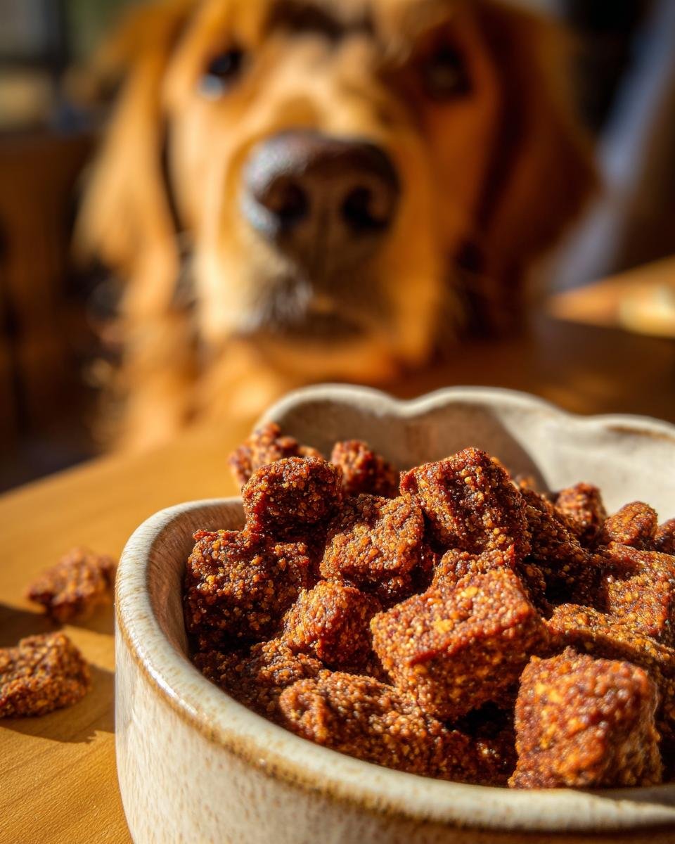 A bowl filled with Homemade Air Dried Beef and Sweet Potato Kibble Bites, with a golden retriever looking eagerly in the background.