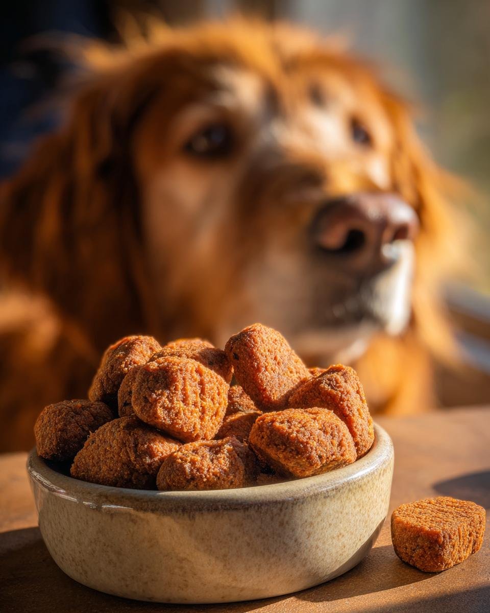 A bowl filled with Homemade Air Dried Beef and Sweet Potato Kibble Bites, with a golden retriever looking eagerly in the background.
