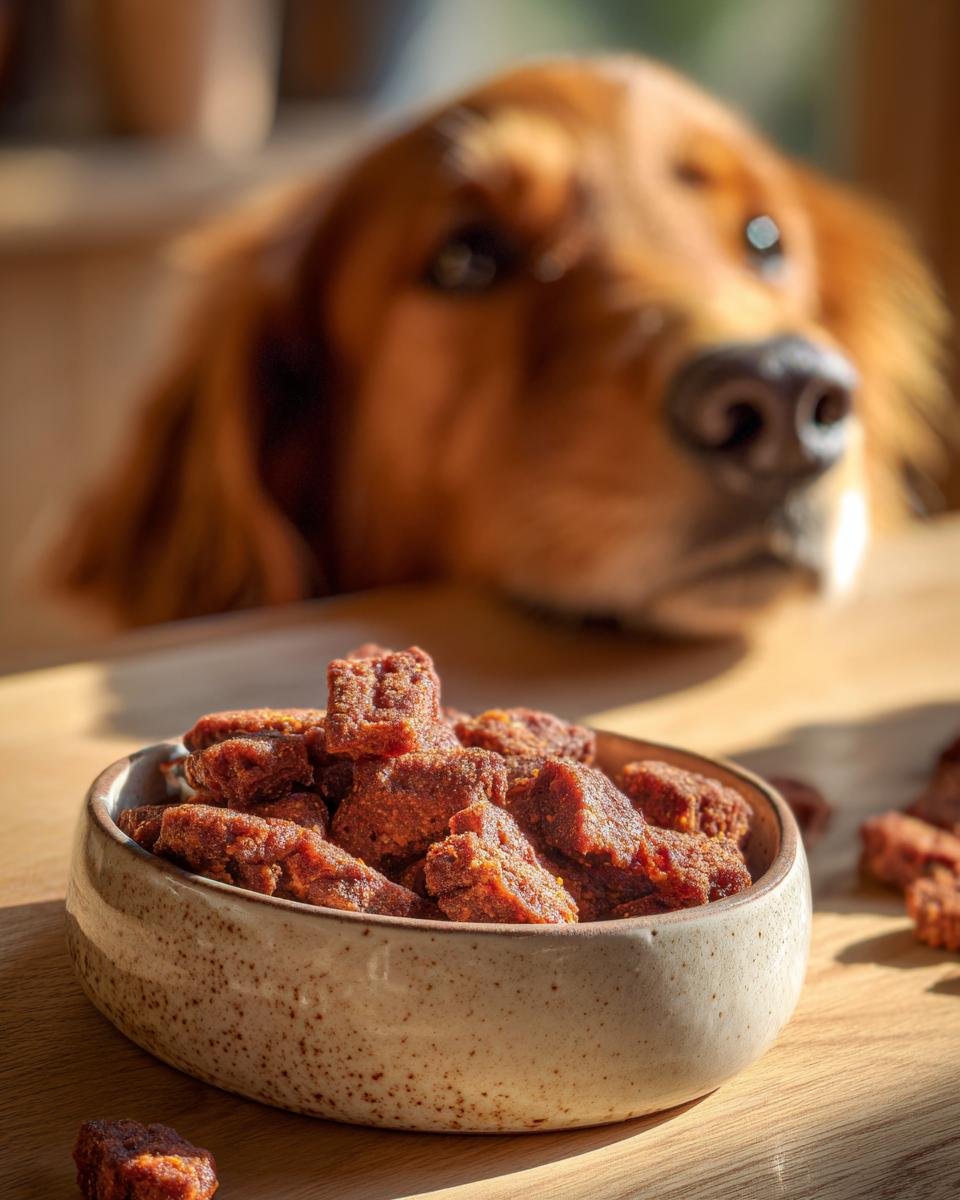 A bowl filled with Homemade Air Dried Beef and Sweet Potato Kibble Bites, with a golden retriever looking eagerly in the background.