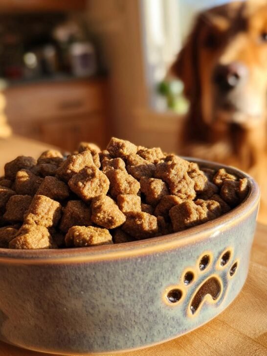 A close-up of a bowl filled with Homemade Beef and Apple Crisp Baked Kibbles, with a golden retriever waiting in the background.
