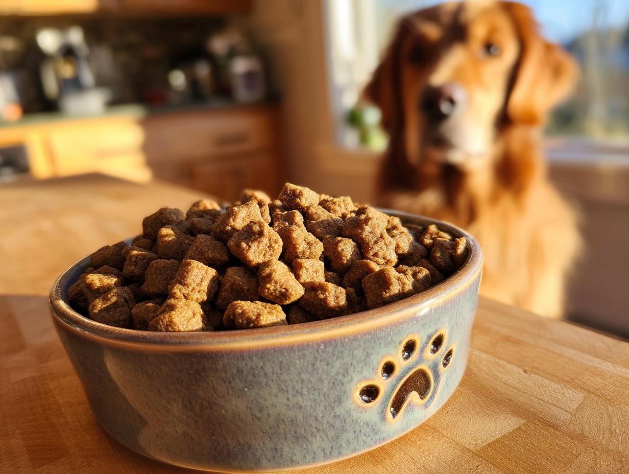 A close-up of a bowl filled with Homemade Beef and Apple Crisp Baked Kibbles, with a golden retriever waiting in the background.