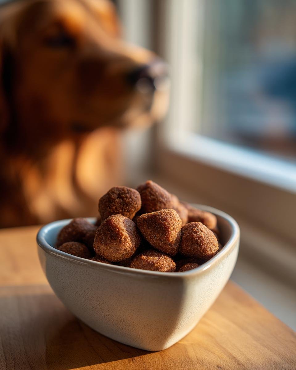 A bowl filled with Homemade Beef and Apple Iron Boost Kibble Bites with a dog looking on in the background.