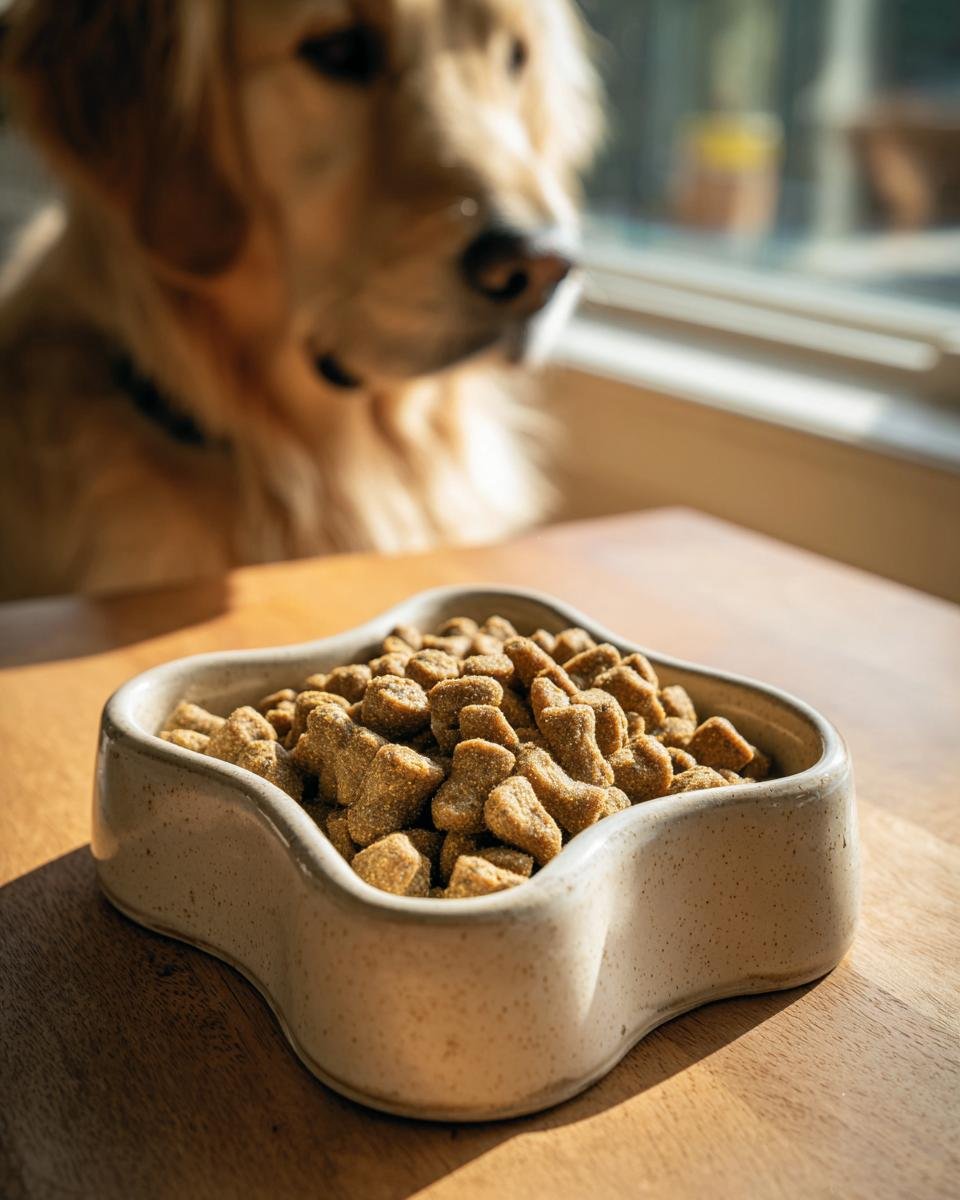 A bowl filled with Homemade Beef and Banana Coat Shine Kibble, with a golden retriever looking on in the background.