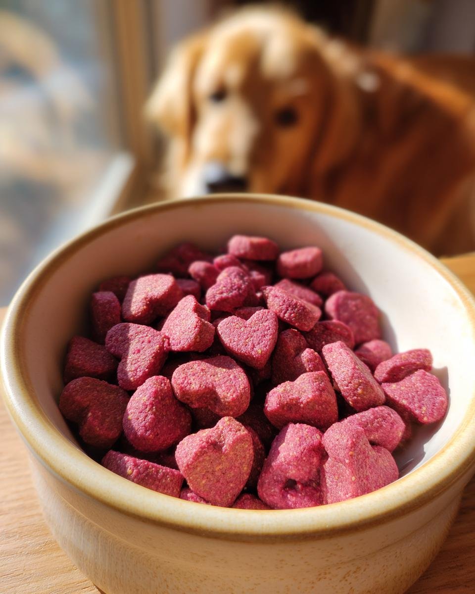 A bowl filled with vibrant, heart-shaped Homemade Beef and Beetroot Heart Healthy Kibbles, with a dog looking on in the background.
