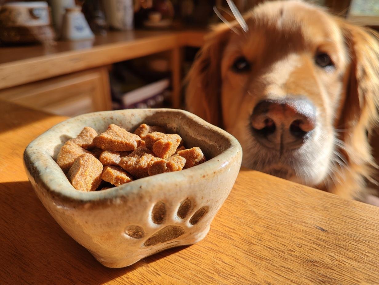 A golden retriever looks eagerly at a small, paw-print bowl filled with Homemade Beef and Carrot Crisp Oven Kibbles.