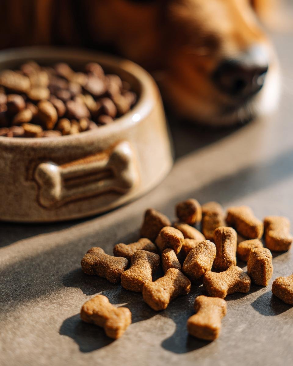 Close-up of bone-shaped Homemade Beef and Carrot Fitness Crunch Kibbles scattered near a full dog bowl, with a dog's nose blurred in the background.