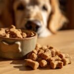 Close-up of Homemade Beef and Carrot Fitness Crunch Kibbles spilling from a bone-shaped bowl, with a dog looking on in the background.