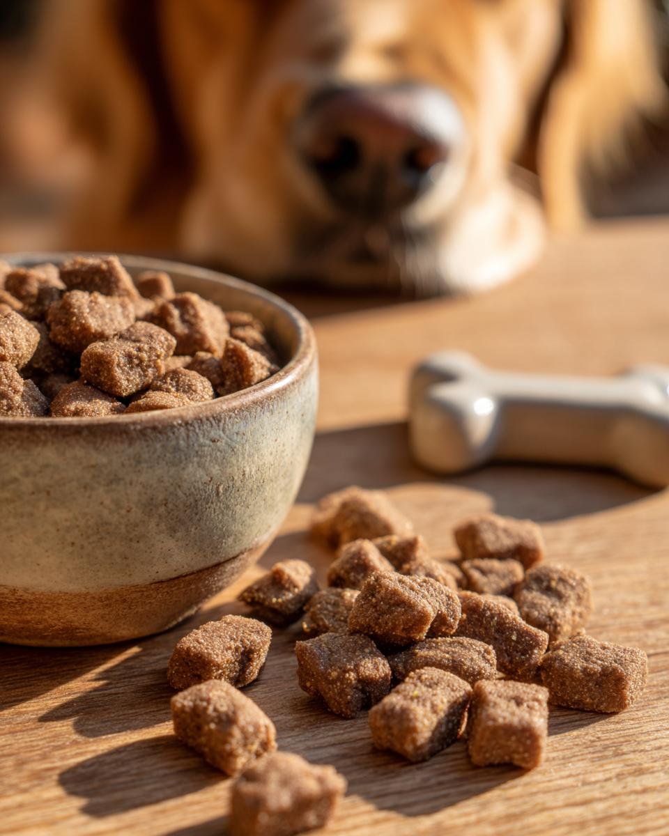 Close-up of Homemade Beef and Carrot Fitness Crunch Kibbles spilling from a bowl, with a dog waiting in the background.
