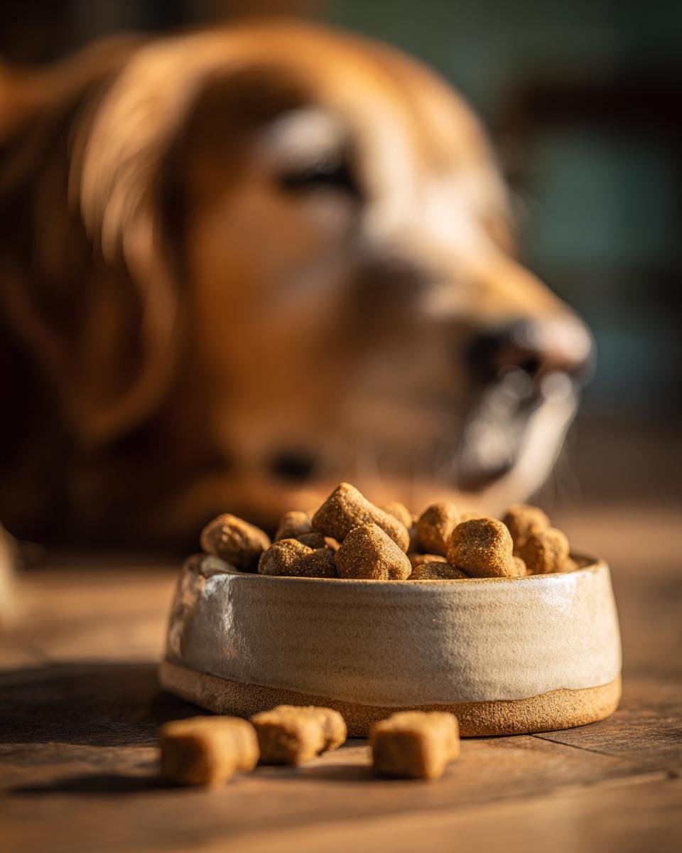 Close-up of Homemade Beef and Carrot Fitness Crunch Kibbles in a ceramic bowl with a dog waiting in the background.