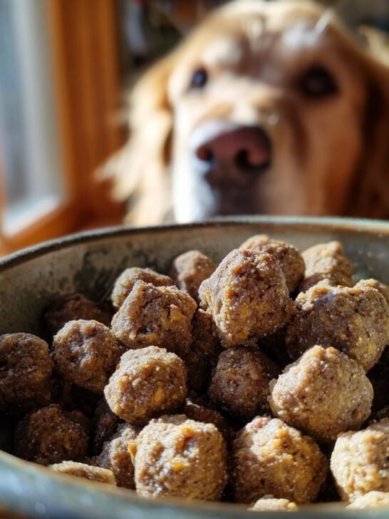 Close-up of Homemade Beef and Lentil Strong Bone Kibble Bites in a bowl, with a hopeful dog in the background.
