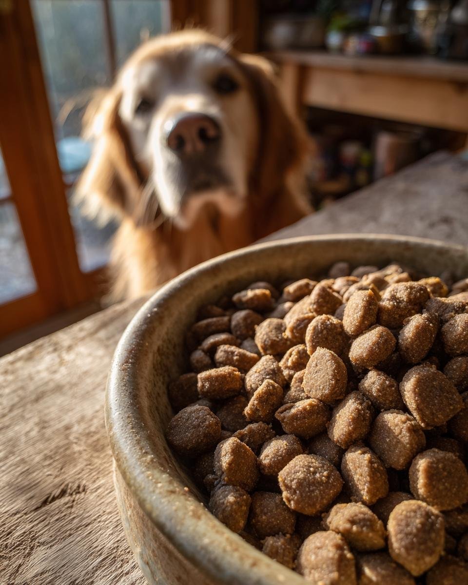 Close-up of Homemade Beef and Lentil Strong Bone Kibble Bites in a bowl, with a hopeful Golden Retriever looking on.