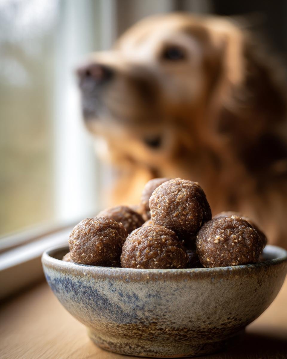 A bowl of Homemade Beef and Lentil Strong Bone Kibble Bites with a golden retriever looking on in the background