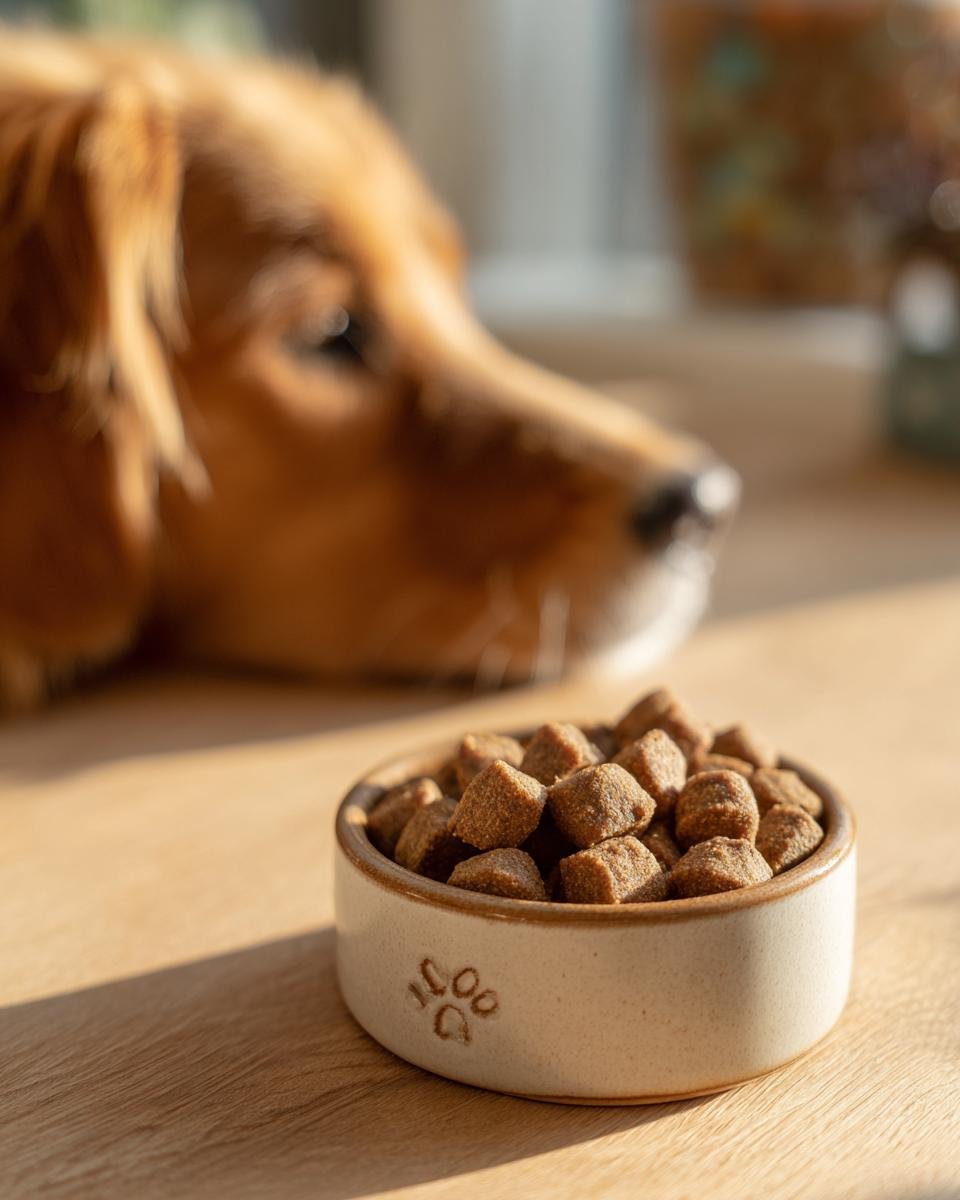 A golden retriever looks longingly at a small bowl filled with Homemade Beef and Pear Gentle Digest Kibbles.