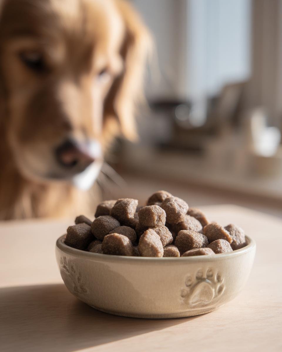 A bowl filled with Homemade Beef and Pear Gentle Digest Kibbles, with a golden retriever looking on in the background.