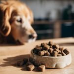 A bowl of Homemade Beef and Pear Gentle Digest Kibbles with a curious Golden Retriever in the blurred background.