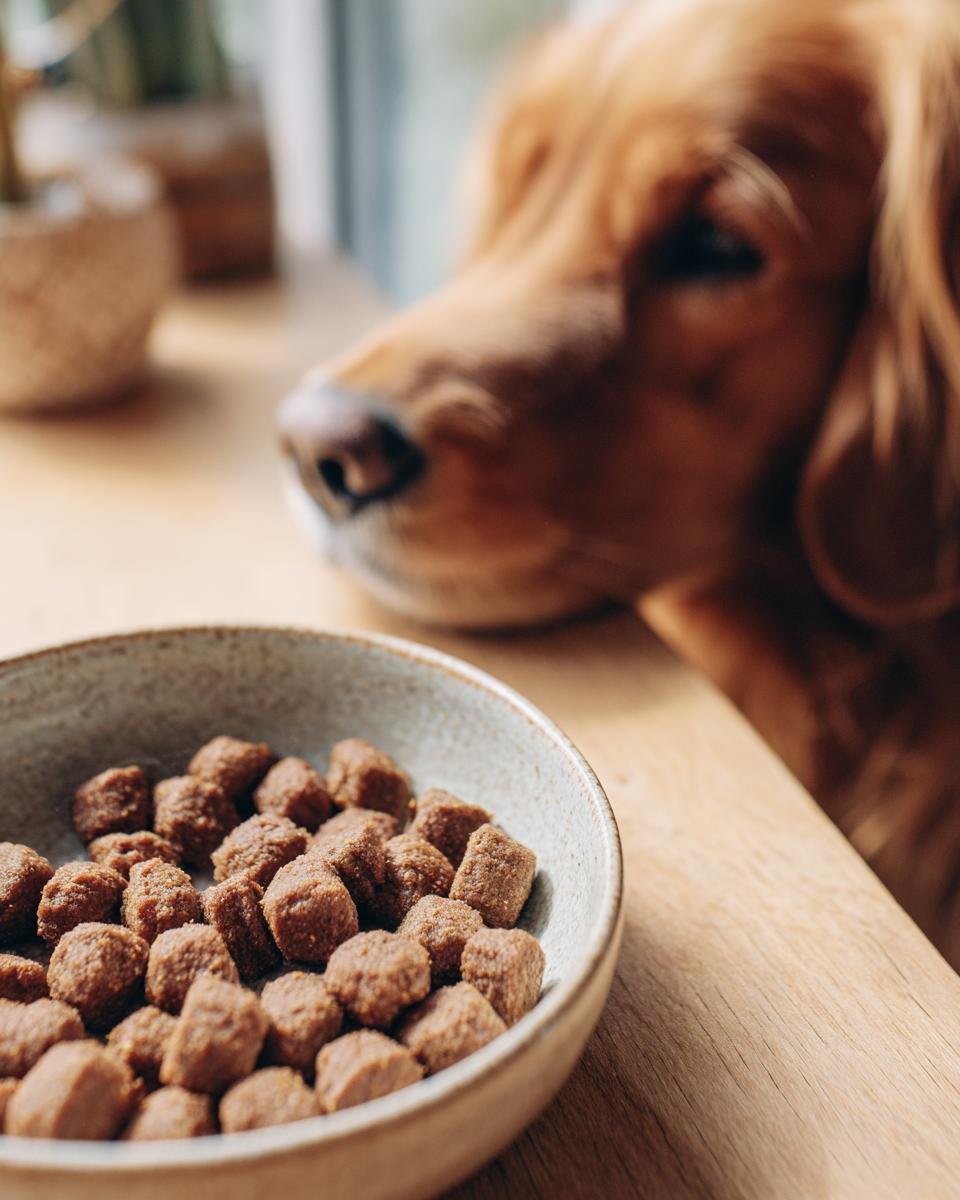 A bowl of Homemade Beef and Pumpkin Daily Strength Kibbles with a golden retriever looking eagerly in the background.