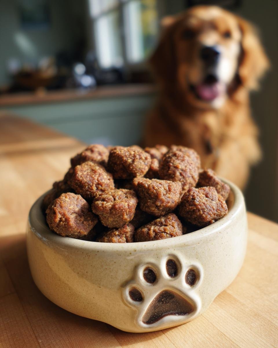 A bowl filled with Homemade Beef and Apple Crisp Baked Kibbles, with a happy dog waiting in the background.