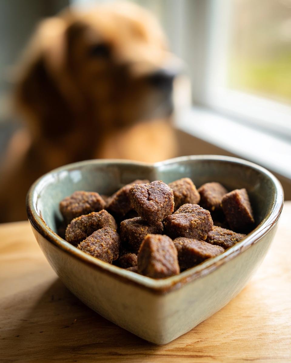 A heart-shaped bowl filled with Homemade Beef and Apple Iron Boost Kibble Bites, with a dog waiting in the background.