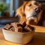 A bowl filled with Homemade Beef and Apple Iron Boost Kibble Bites, with a golden retriever looking eagerly in the background.