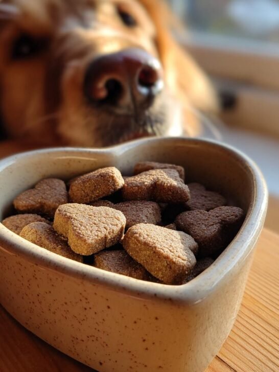 Heart-shaped Homemade Beef and Apple Iron Boost Kibble Bites in a bowl with a dog looking on.