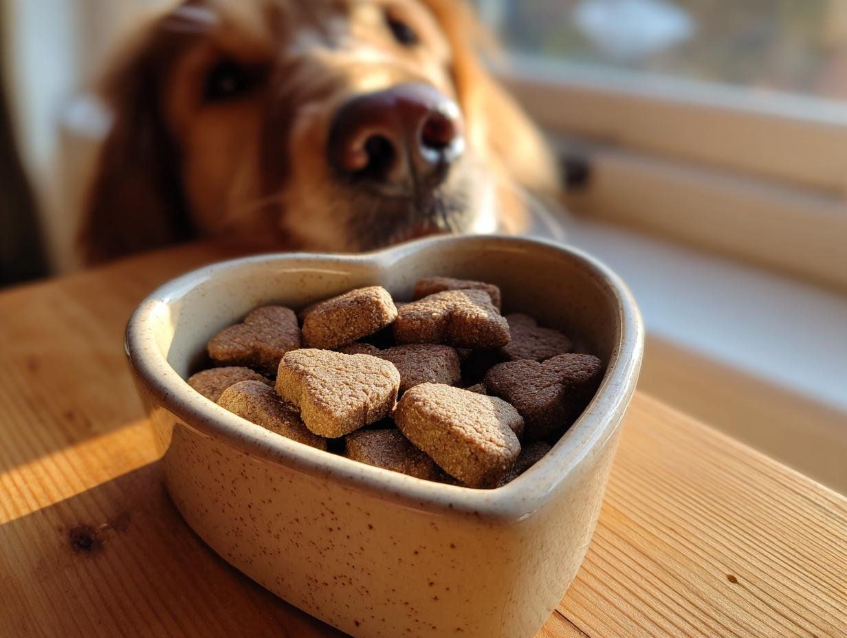 Heart-shaped Homemade Beef and Apple Iron Boost Kibble Bites in a bowl with a dog looking on.