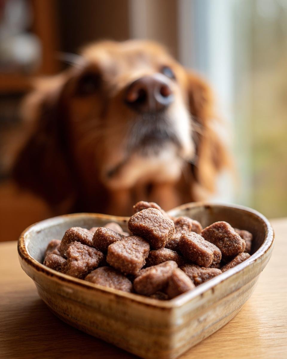 Close-up of Homemade Beef and Apple Iron Boost Kibble Bites in a heart-shaped bowl with a dog looking eagerly in the background.