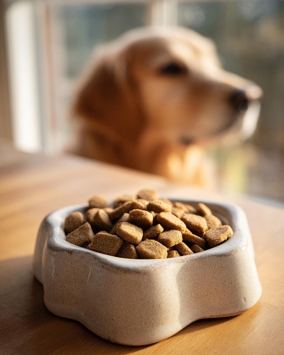 Close-up of Homemade Beef and Banana Coat Shine Kibble in a ceramic dog bowl, with a golden retriever blurred in the background.