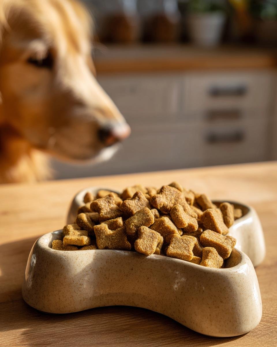 A golden retriever looks eagerly at a bowl full of Homemade Beef and Banana Coat Shine Kibble.
