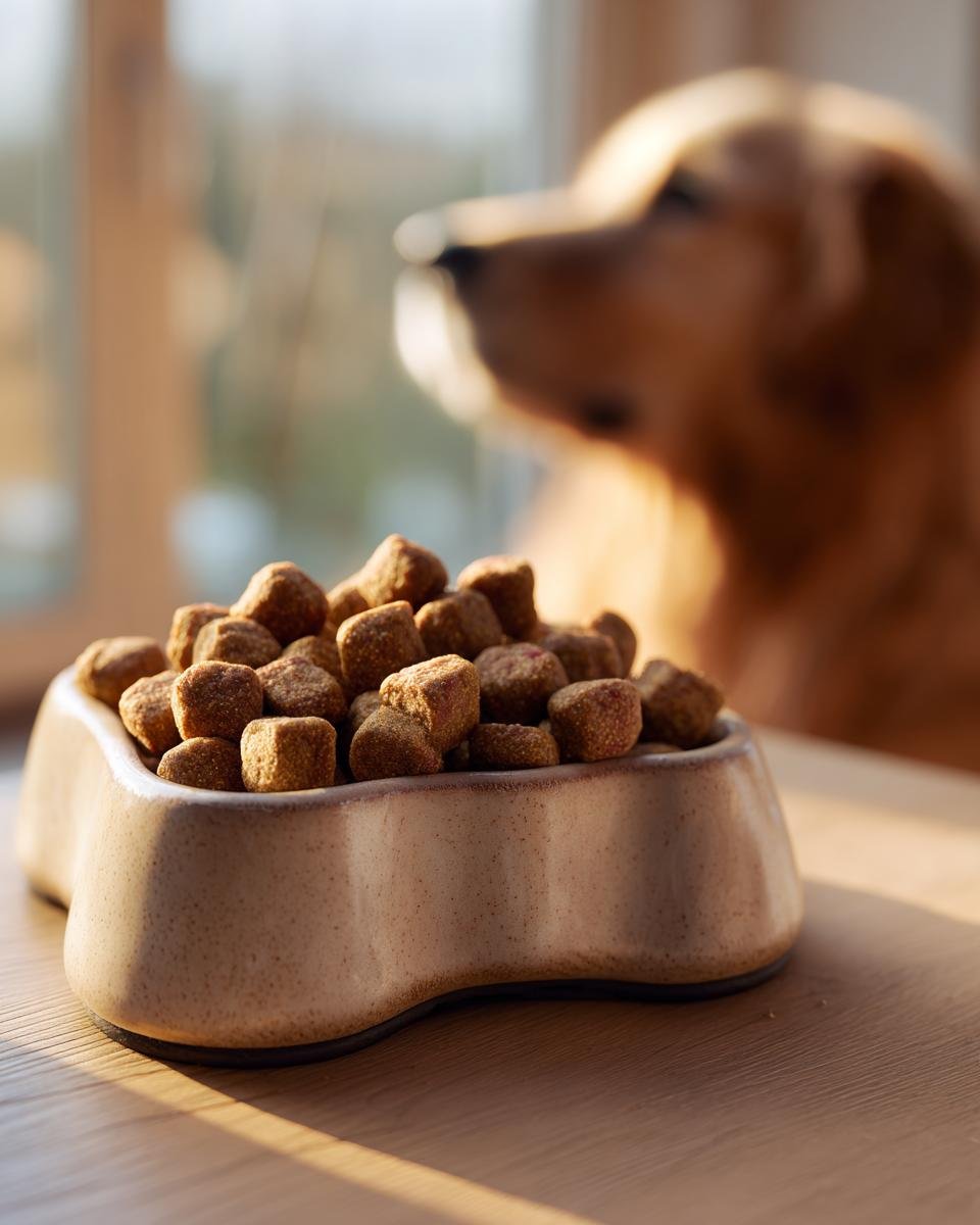A bowl filled with Homemade Beef and Banana Coat Shine Kibble, with a dog waiting in the background.