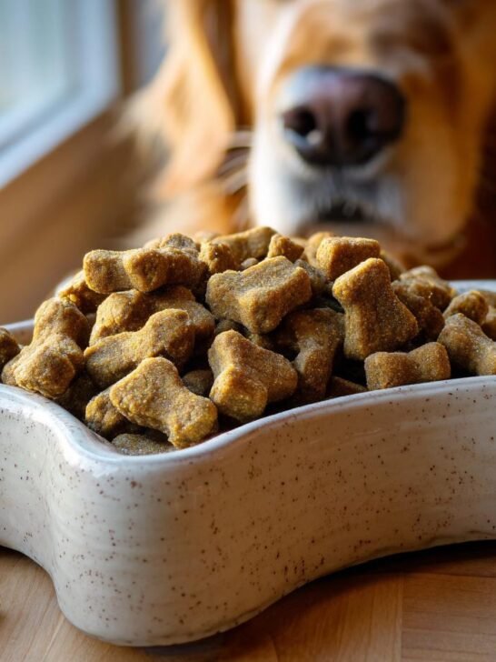 A bowl overflowing with Homemade Beef and Banana Coat Shine Kibble, with a dog looking on in the background.