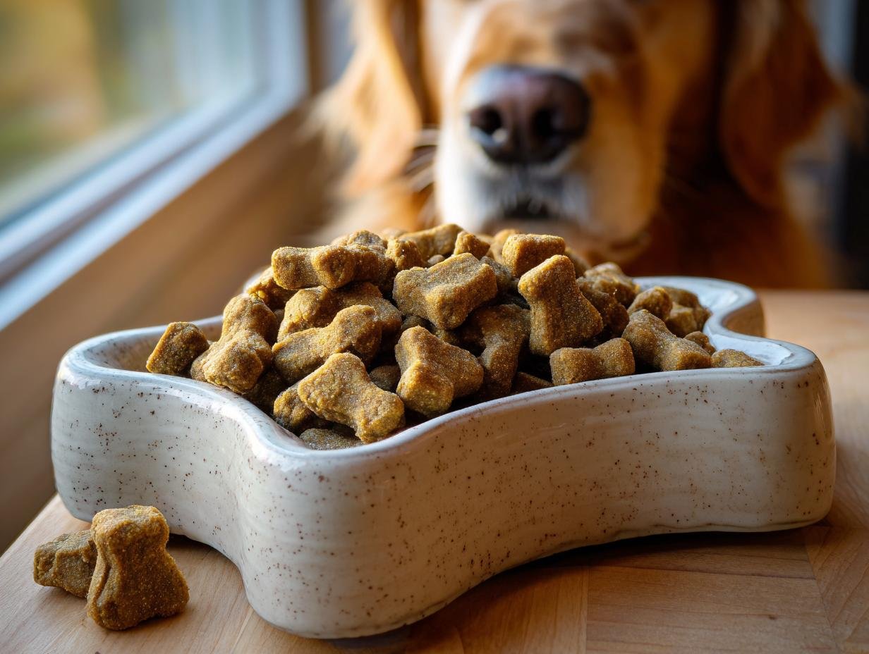 A bowl overflowing with Homemade Beef and Banana Coat Shine Kibble, with a dog looking on in the background.