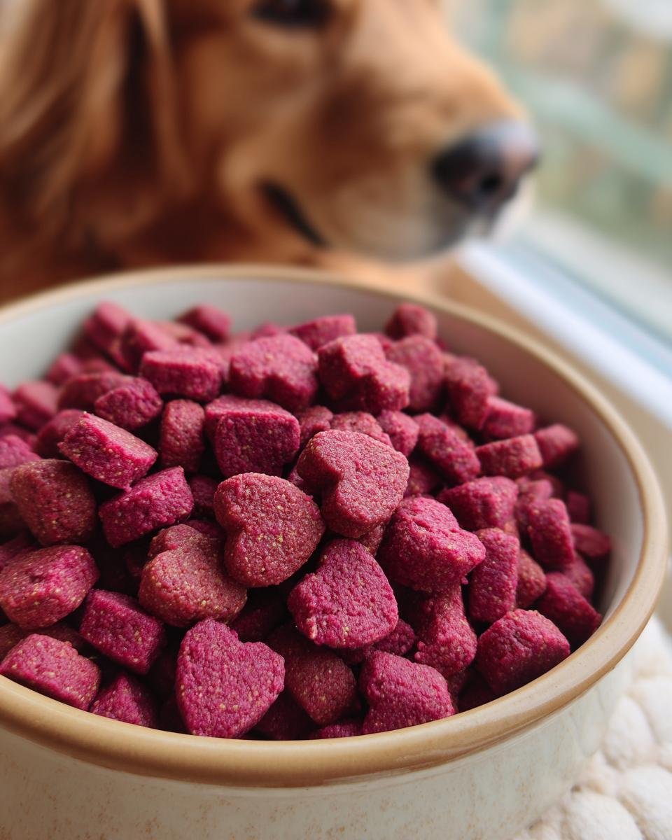 A bowl filled with deep pink, heart-shaped Homemade Beef and Beetroot Heart Healthy Kibbles, with a dog looking on.