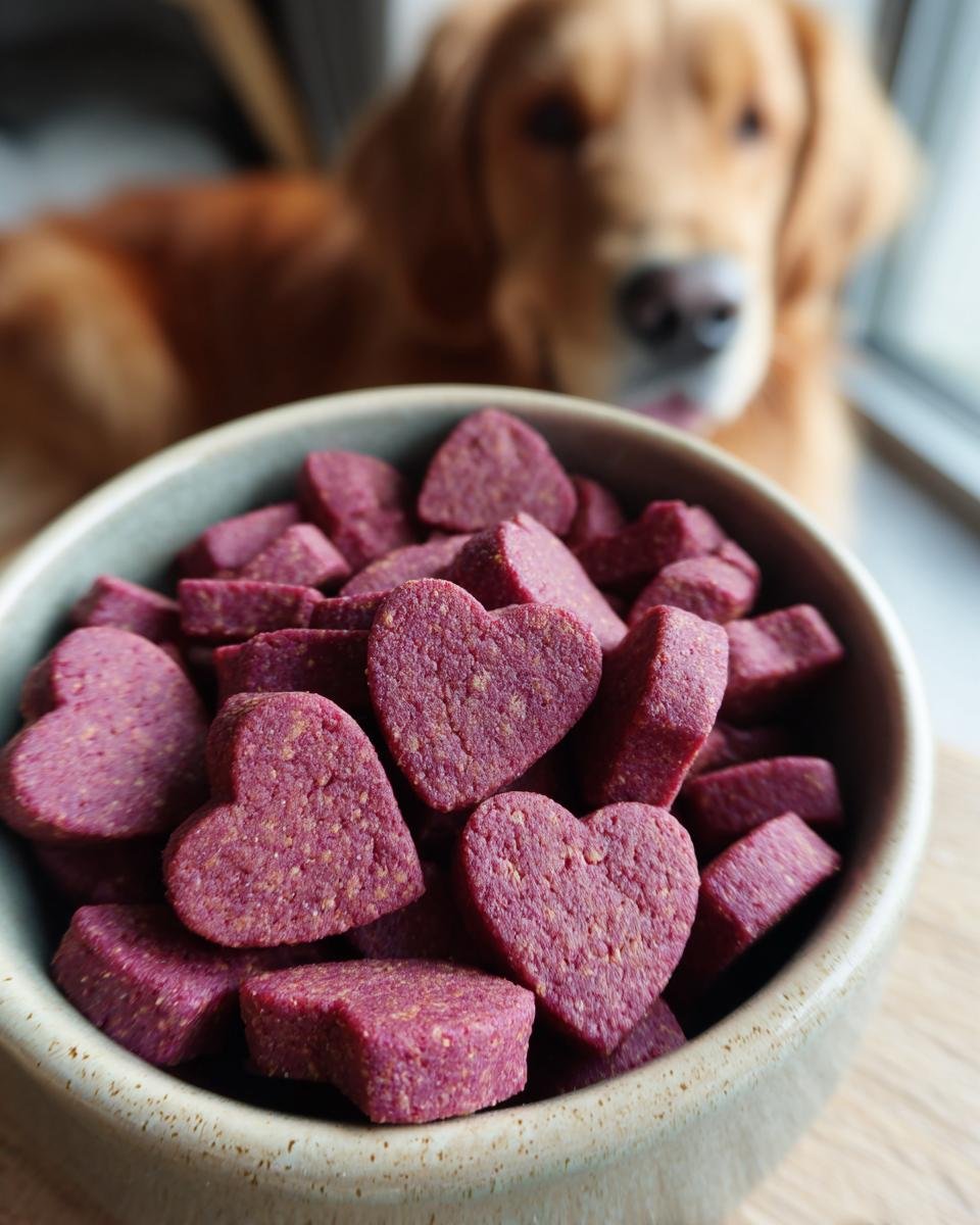 A bowl filled with purple, heart-shaped Homemade Beef and Beetroot Heart Healthy Kibbles, with a Golden Retriever in the background.