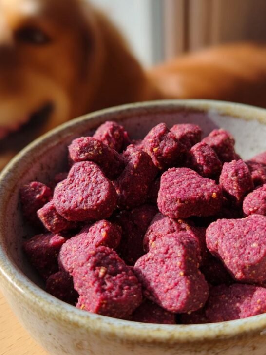 A bowl filled with heart-shaped Homemade Beef and Beetroot Heart Healthy Kibbles, with a happy dog blurred in the background.