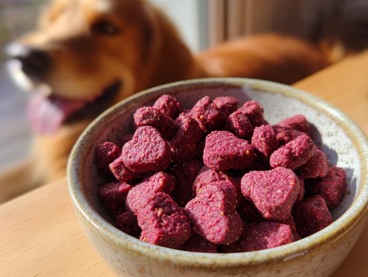 A bowl filled with heart-shaped Homemade Beef and Beetroot Heart Healthy Kibbles, with a happy dog blurred in the background.